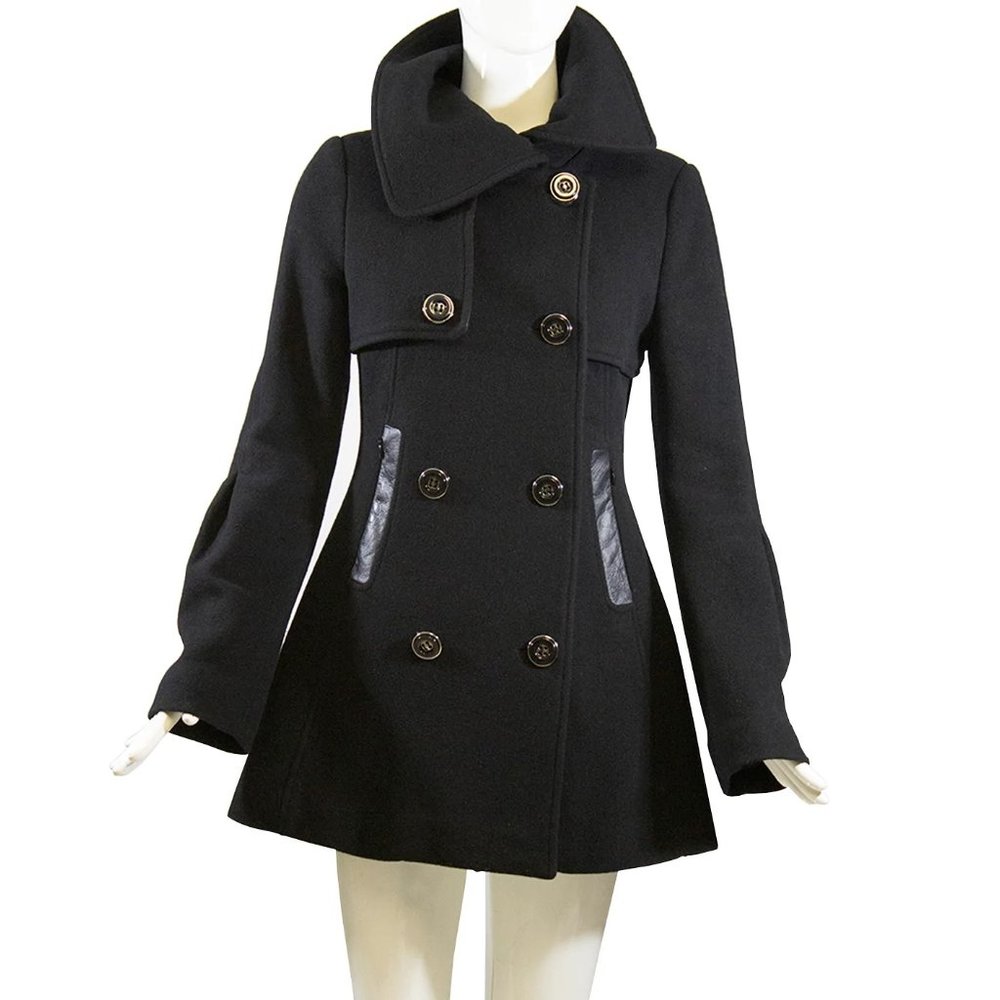 NWT MACKAGE XS Raffy Wool Cashmere Double Breasted Peacoat w/ Leather Details